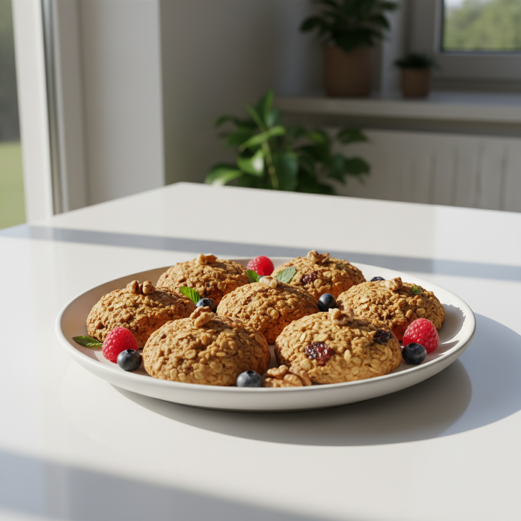 Sveiki avižiniai sausainiai ant lėkštės su uogomis